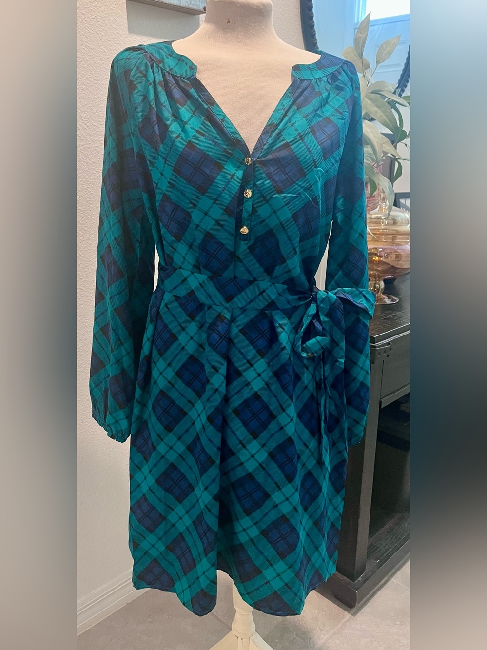 Mud Pie Teal and Navy Plaid Tie-Waist Dress